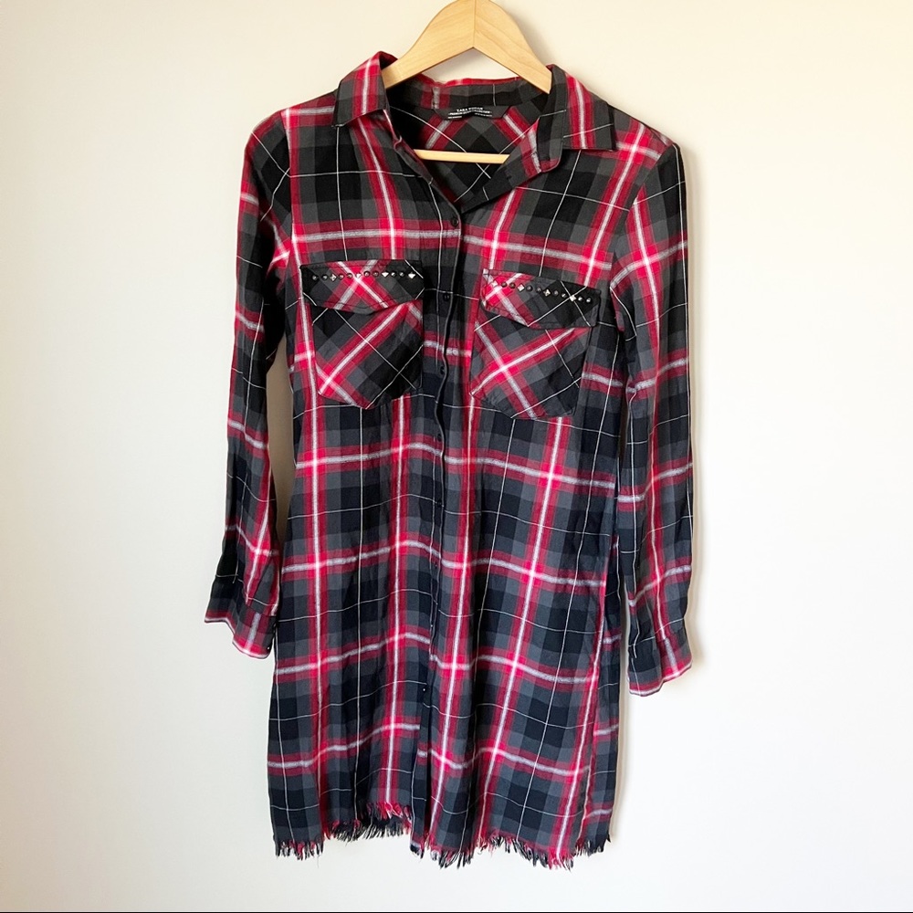 Zara Woman Premium Tartan Plaid Studded Pocket Fray Hem Shirt Dress Red Black XS - Picture 3 of 13